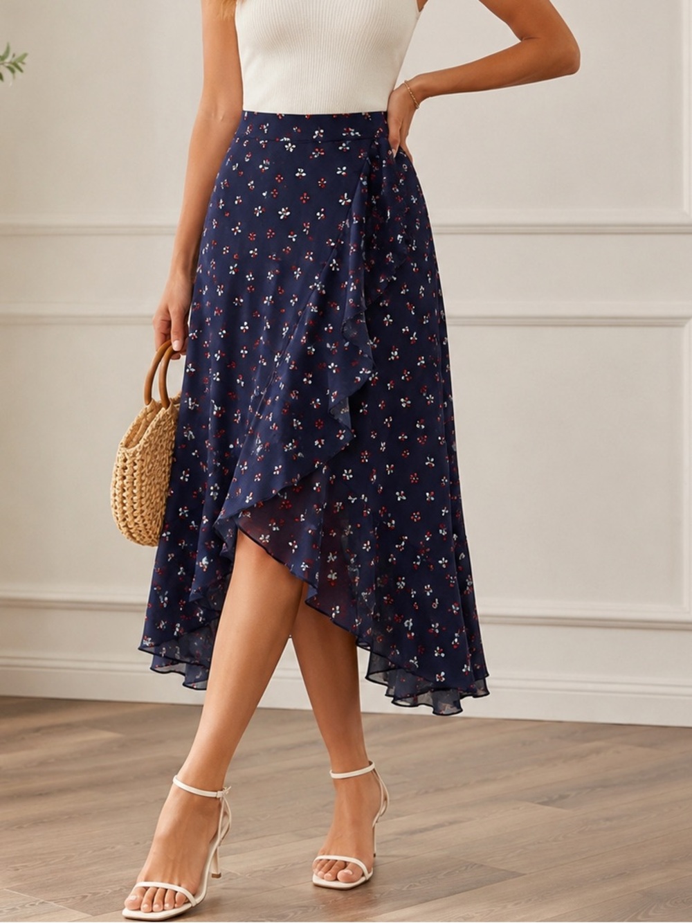 H&M Floral Asymmetrical Ruffle Midi Skirt Size Red White Blue Back to School